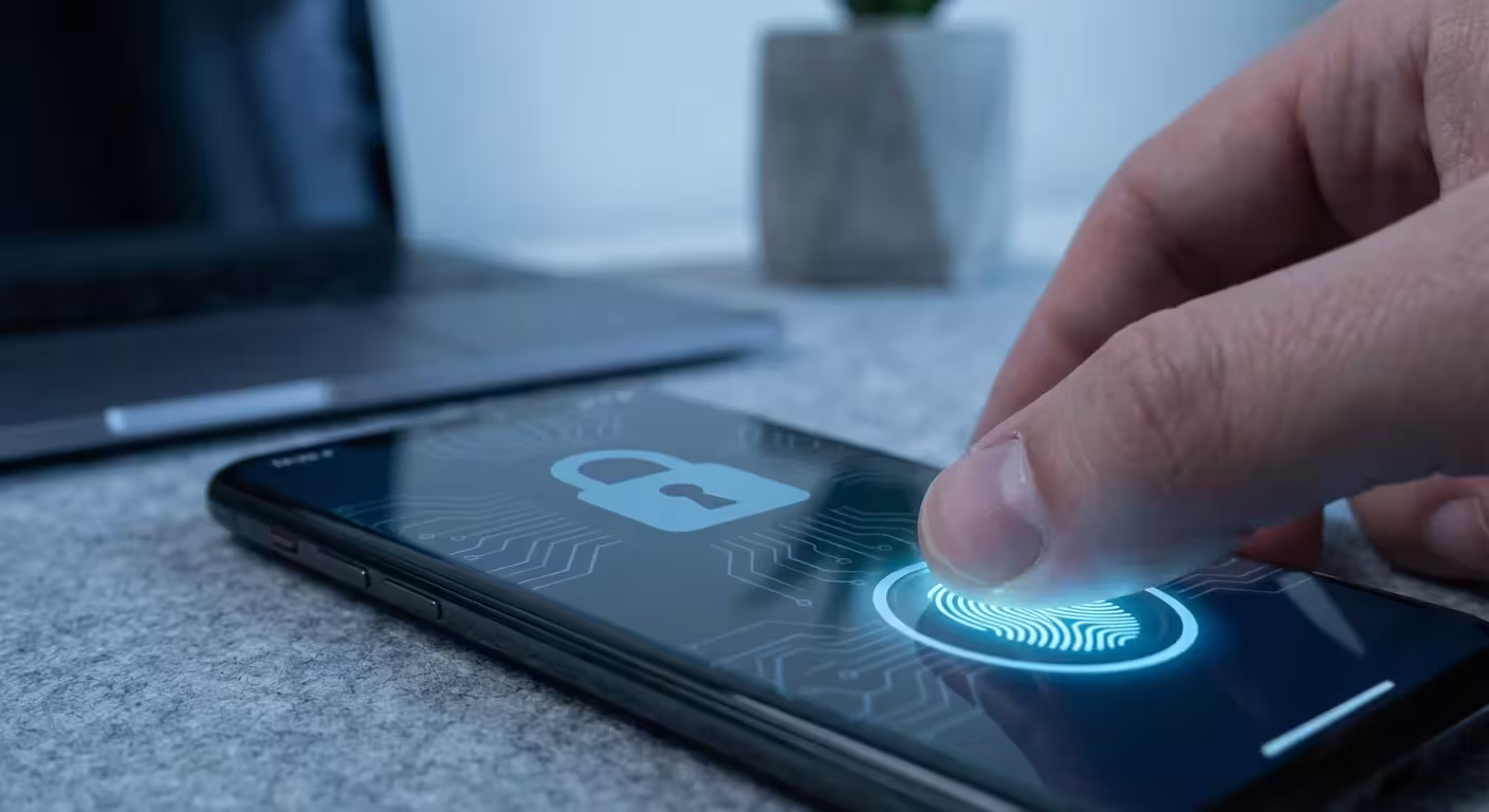 A close-up of a thumb using a fingerprint sensor on a phone for security.