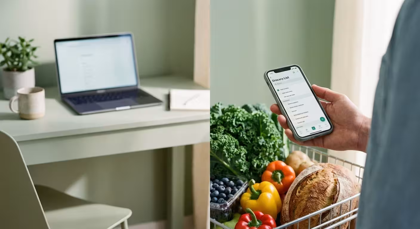A phone held over a grocery cart with a laptop in the background, comparing online and in-store shopping.