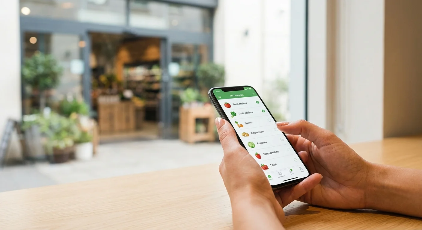 Hands holding a smartphone in front of a grocery store entrance.