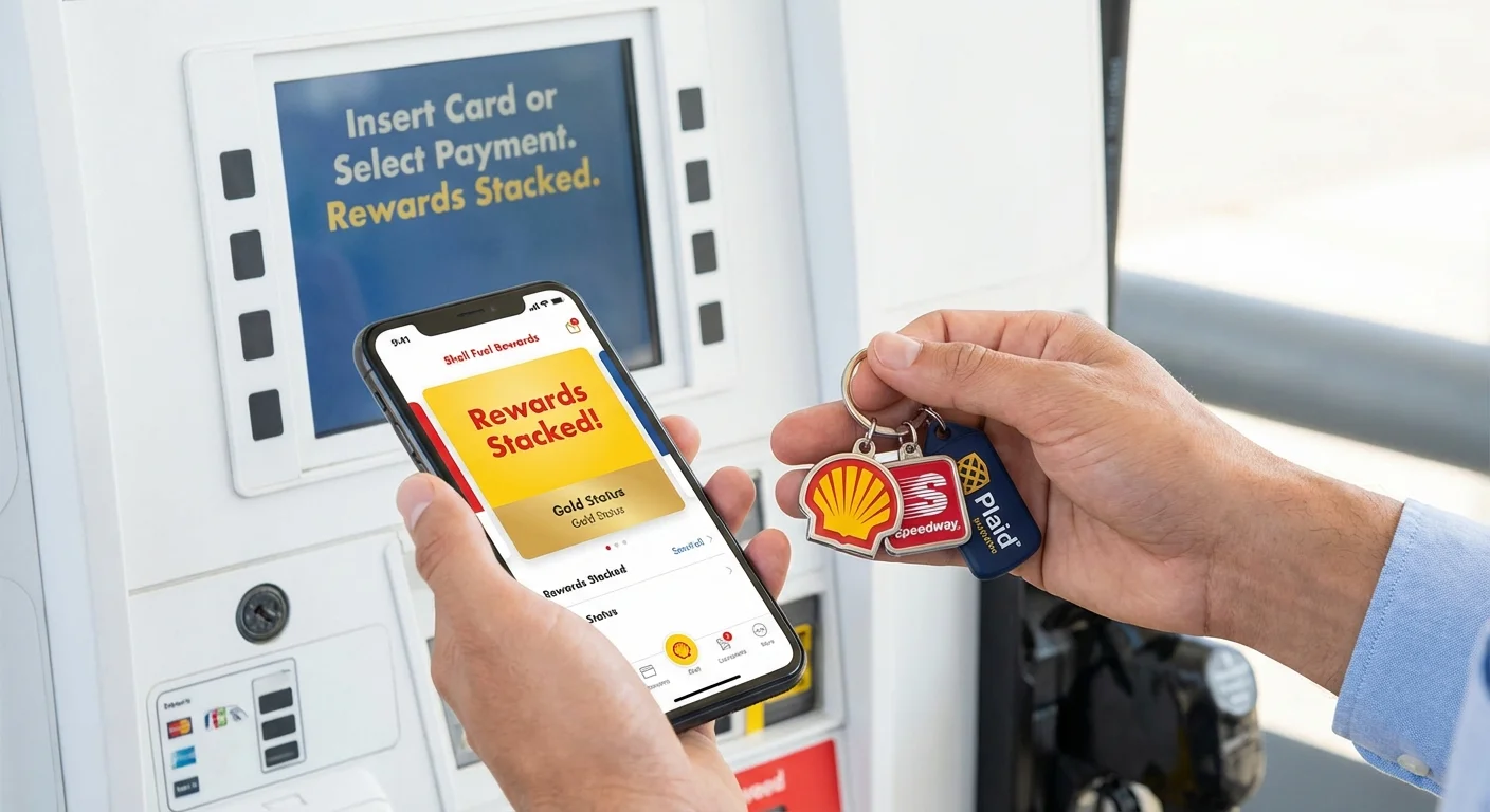 Hands holding a smartphone and a loyalty tag at a gas station.