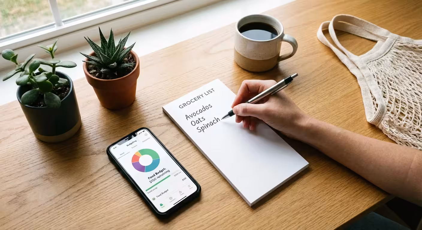 A top-down view of a shopping list and a smartphone with a budget app on a table.