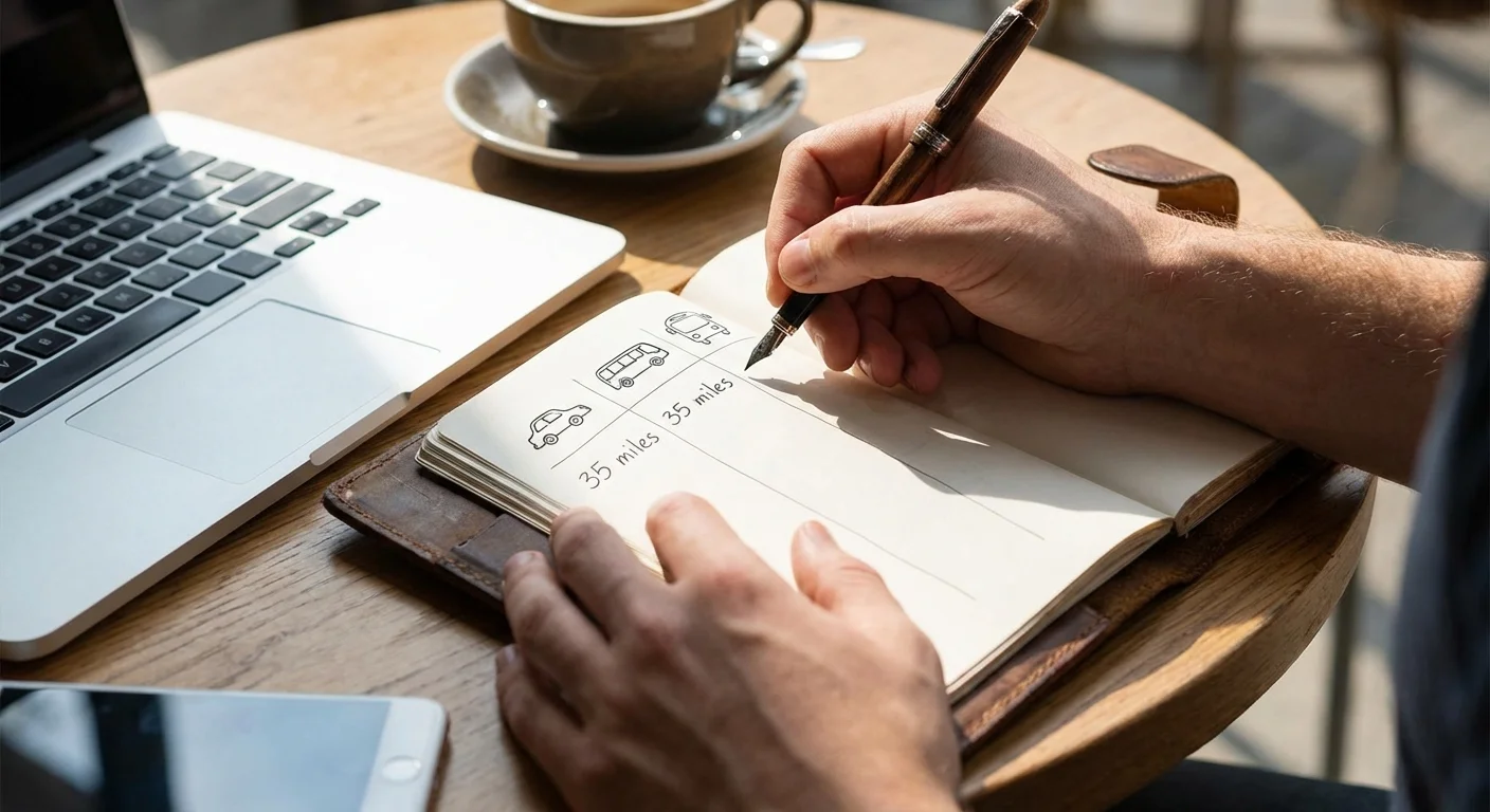 Close-up of hands writing a comparison list in a planner at a bright cafe.