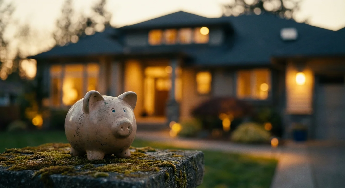 A piggy bank in front of a beautiful suburban home at twilight.