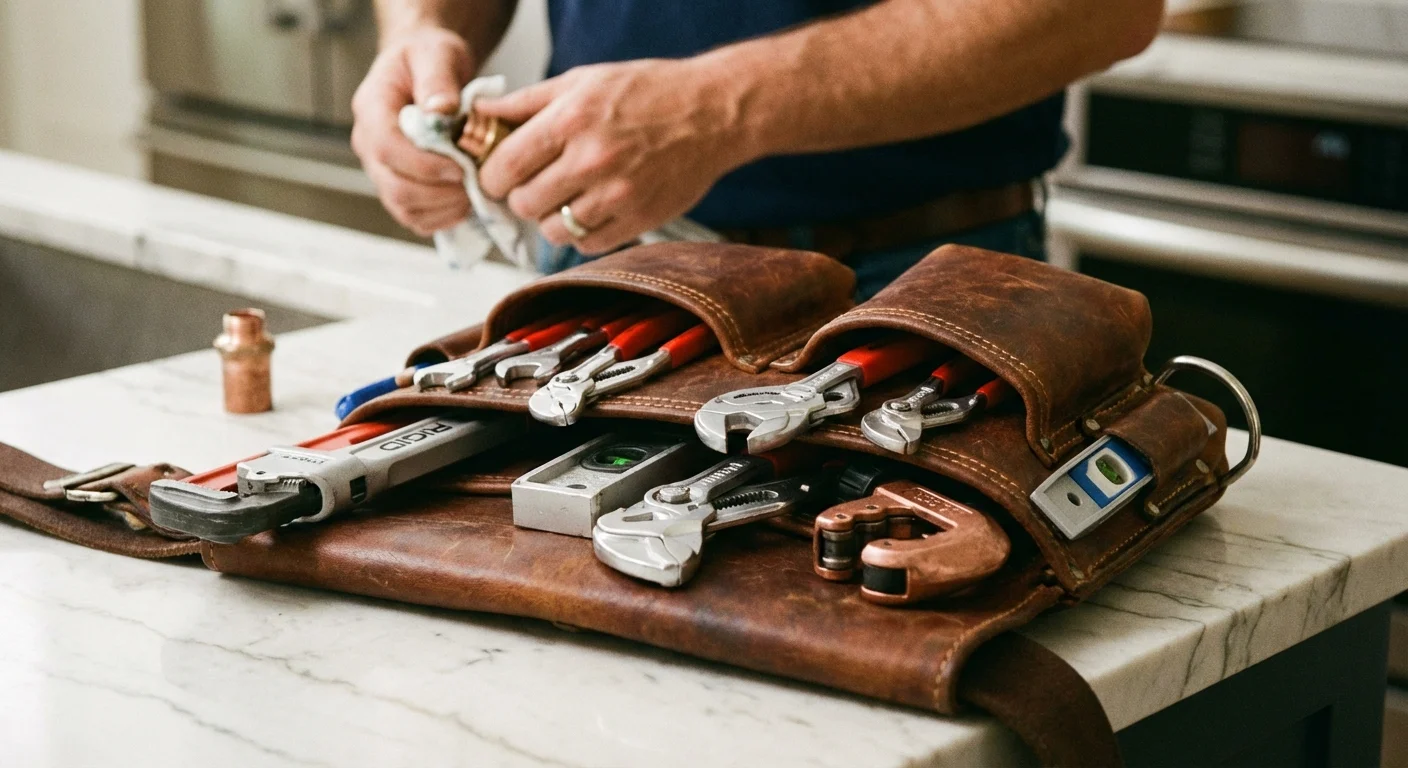 Professional plumbing tools on a counter, representing expert help.