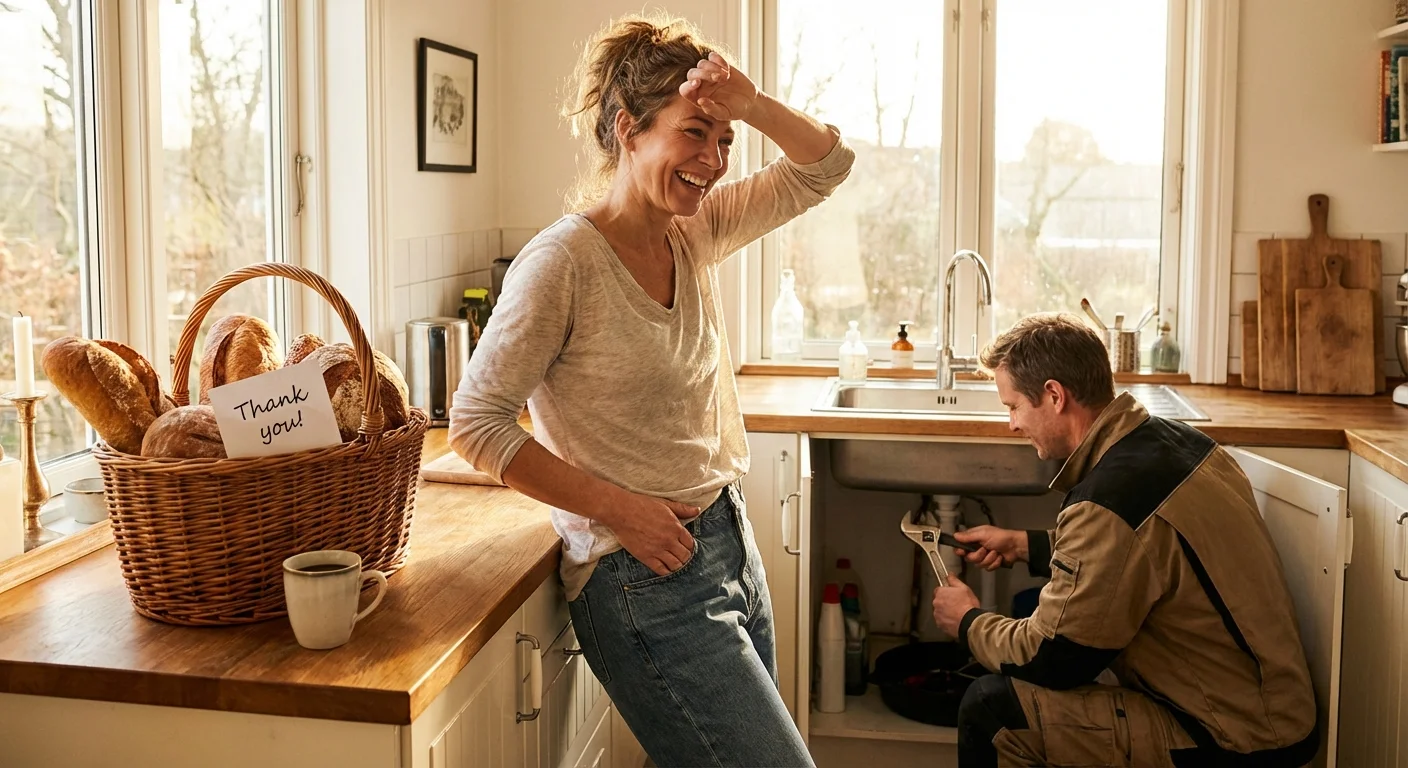 A person smiling at their phone next to an e-bike in a modern home, symbolizing financial savings.