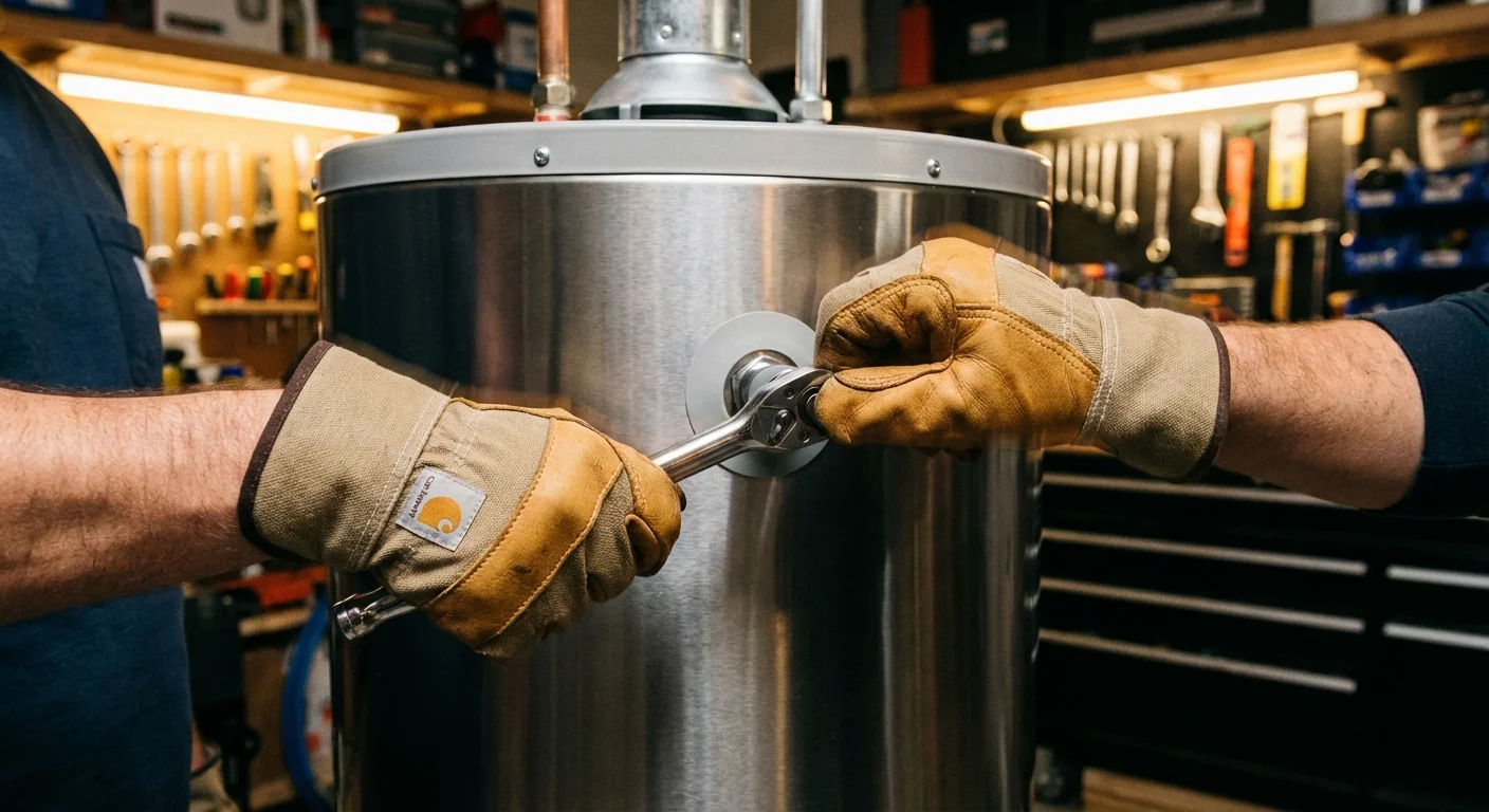 Hands in gloves using a wrench on top of a water heater unit.