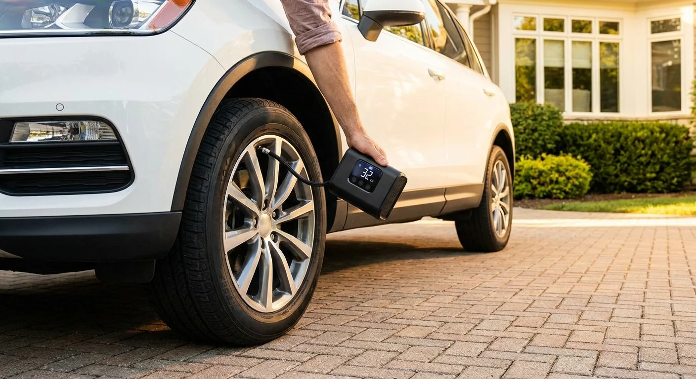 A person performing routine tire maintenance in a sunny driveway with a digital gauge.