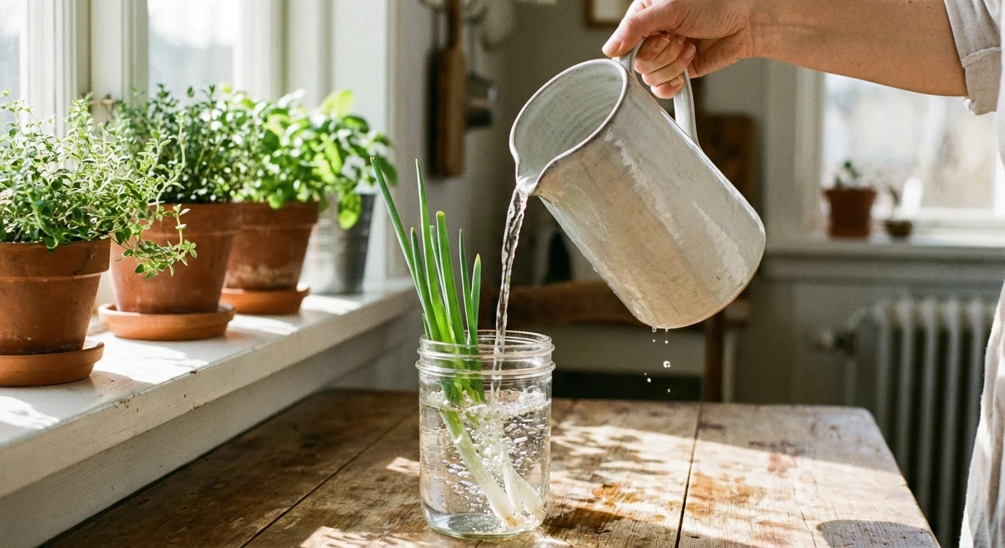 A hand refreshing the water in a jar of regrowing green onions.