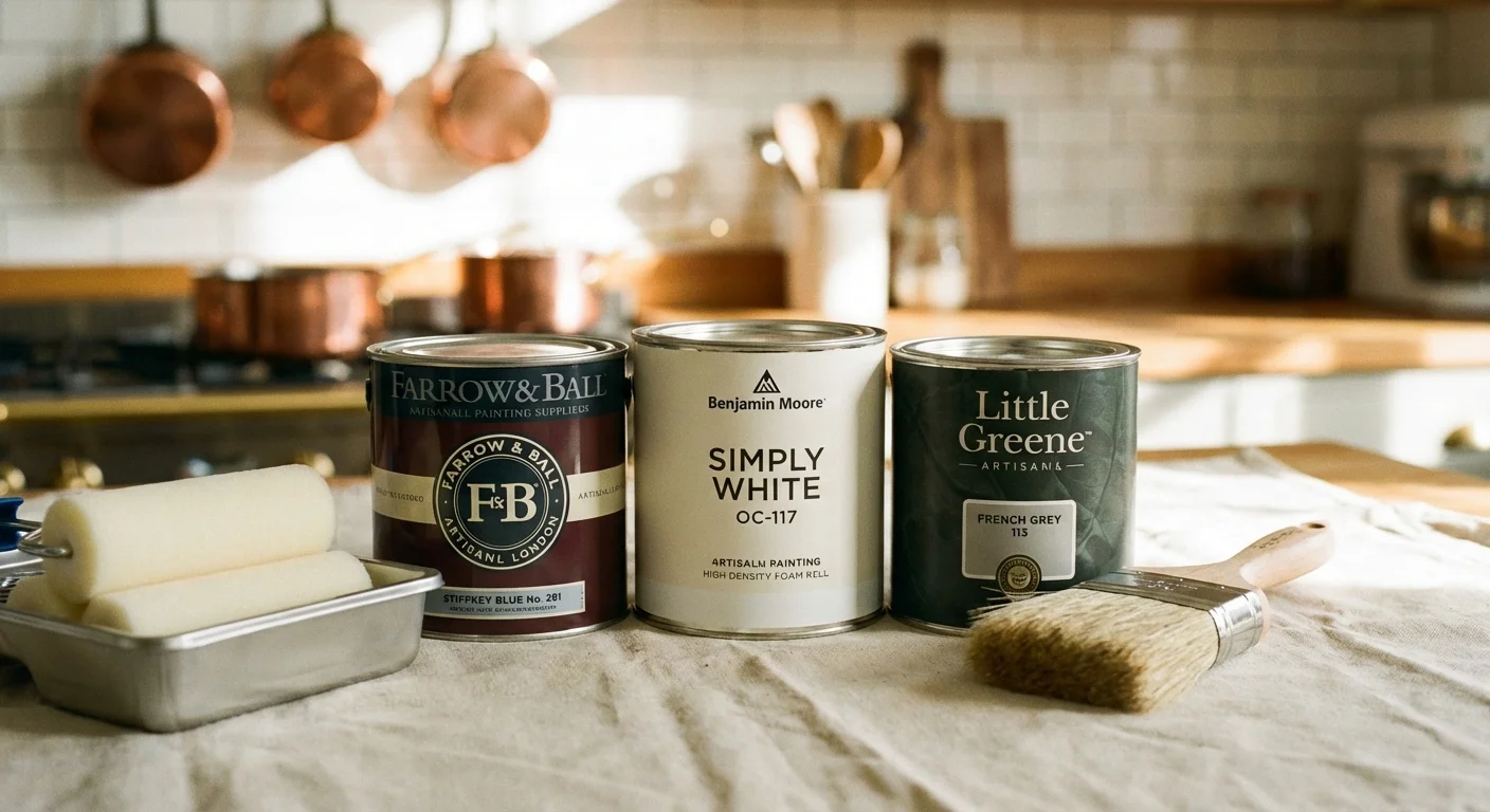 Premium cabinet paint cans and professional brushes arranged neatly.