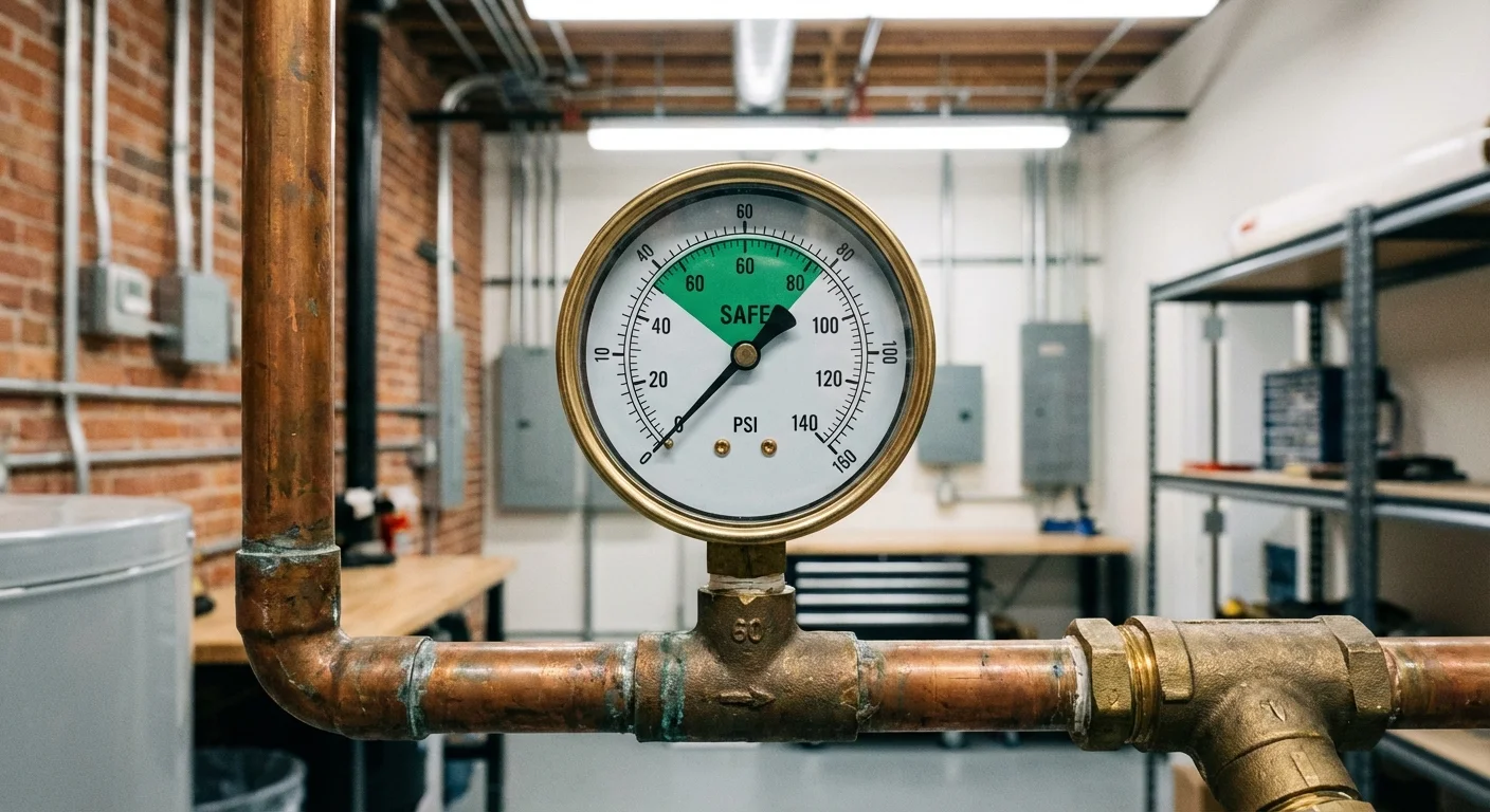 A water pressure gauge on a copper pipe showing a safe pressure reading.