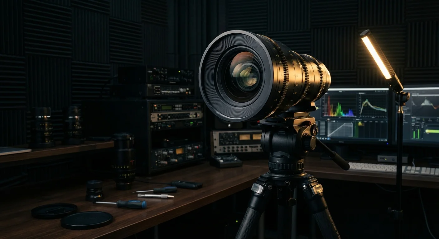 A high-end professional camera lens in a studio with dramatic lighting.
