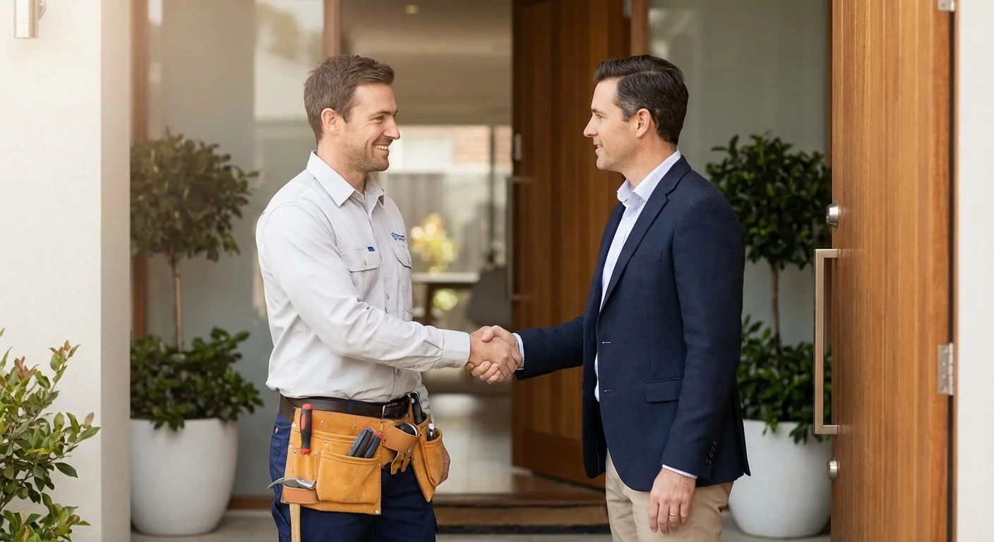 A homeowner shaking hands with a professional plumber at the entrance of a home.