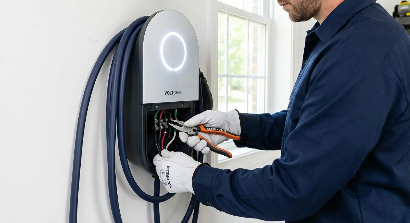 A professional electrician installing an EV charging station in a garage.