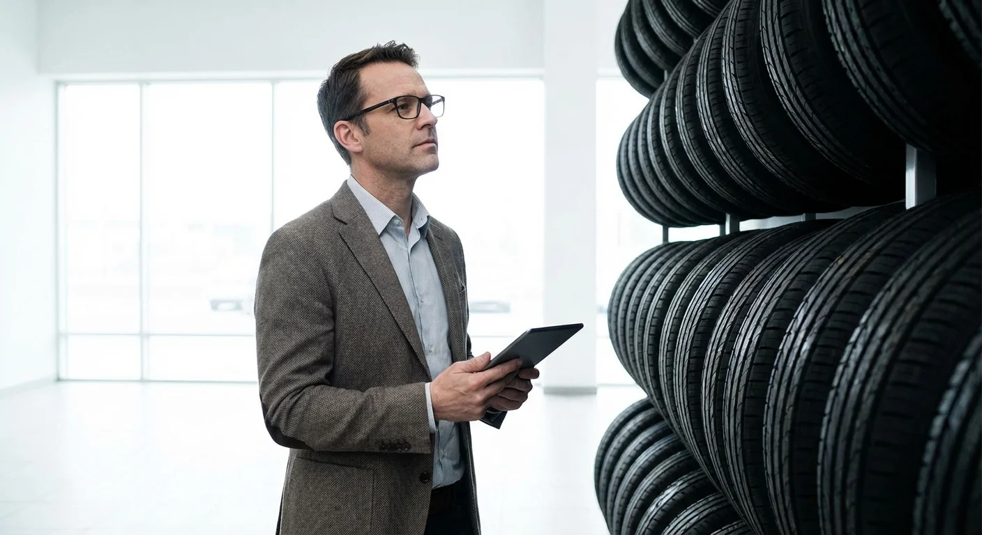 A man carefully evaluating tire options in a bright, clean showroom.