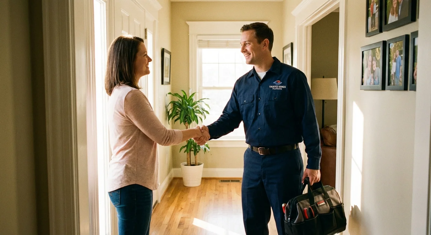 A homeowner and a professional plumber shaking hands in a bright home.