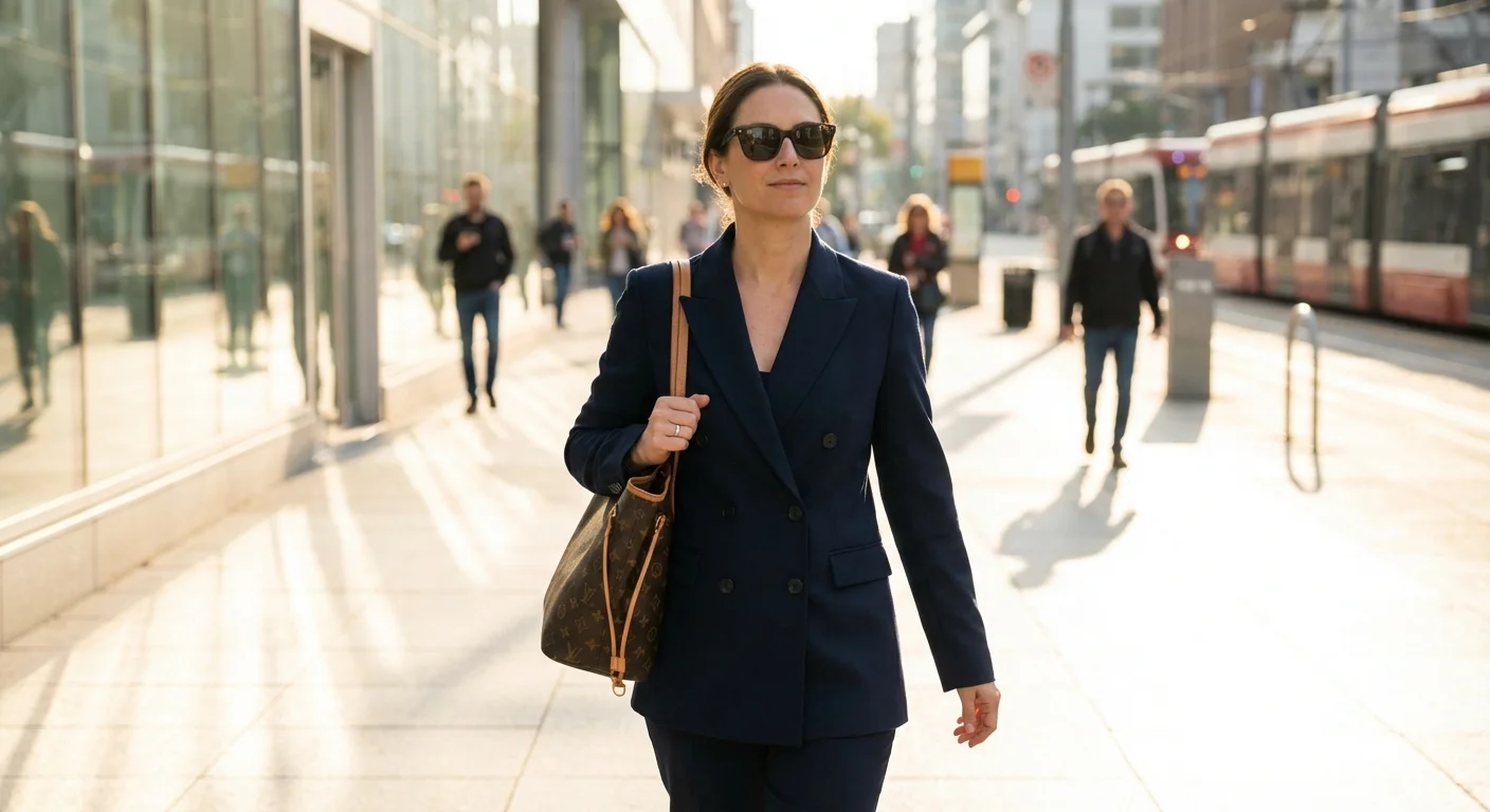 A confident woman walking down a city street in a tailored outfit.