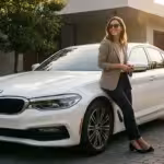 Smiling professional woman in a blazer leaning against a white BMW sedan in a driveway