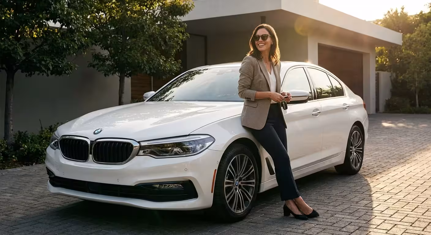 Smiling professional woman in a blazer leaning against a white BMW sedan in a driveway