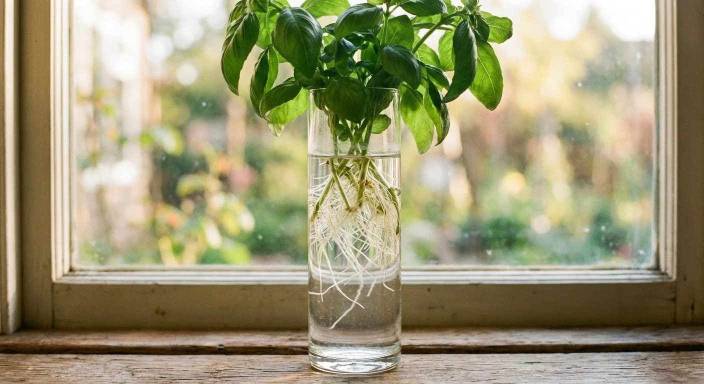 Basil stem cuttings with new roots growing in a glass of water.