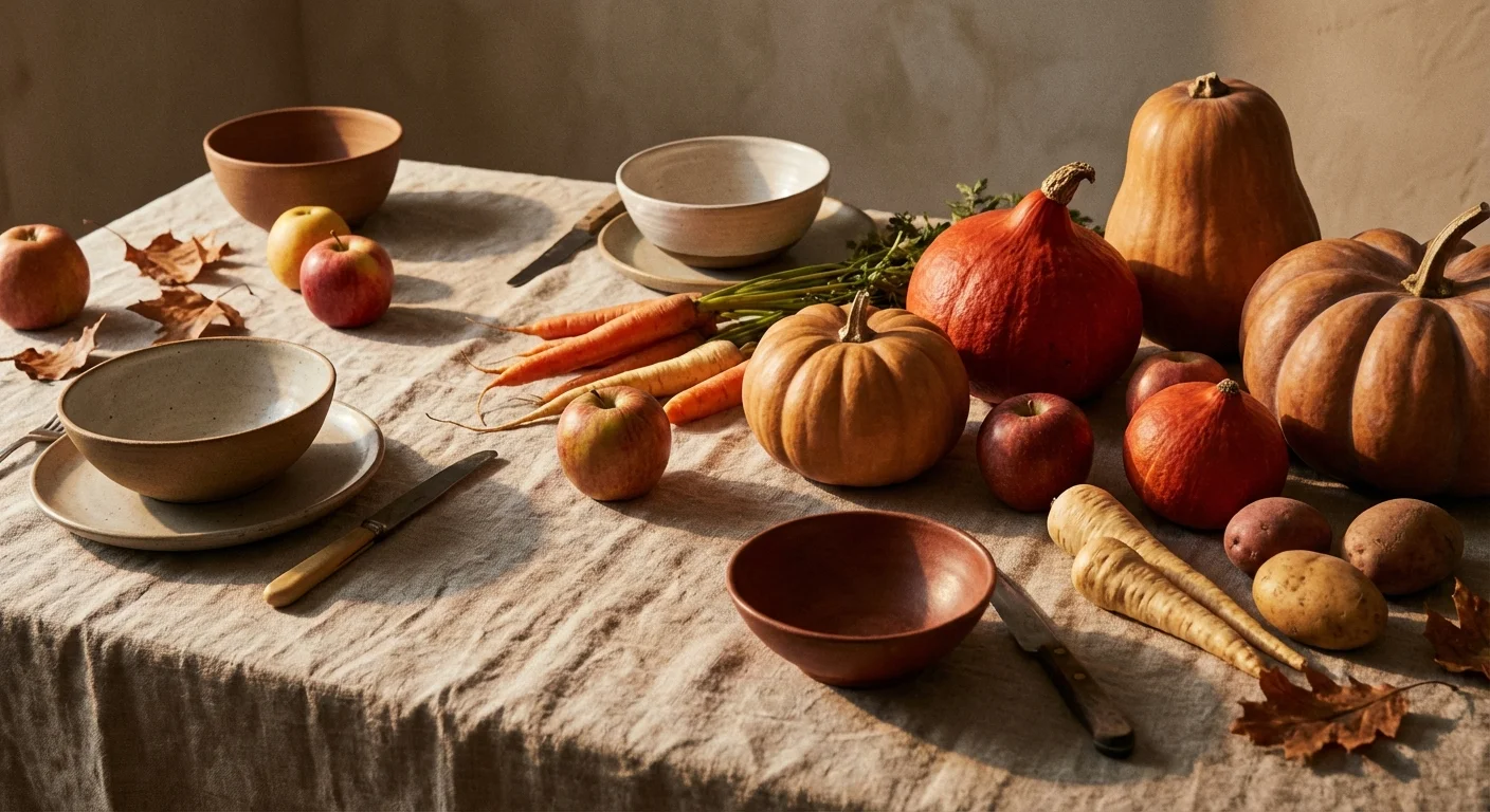 Pumpkins and apples on a linen tablecloth.