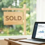 Laptop showing real estate market trends on a desk with a blurred sold sign outside.