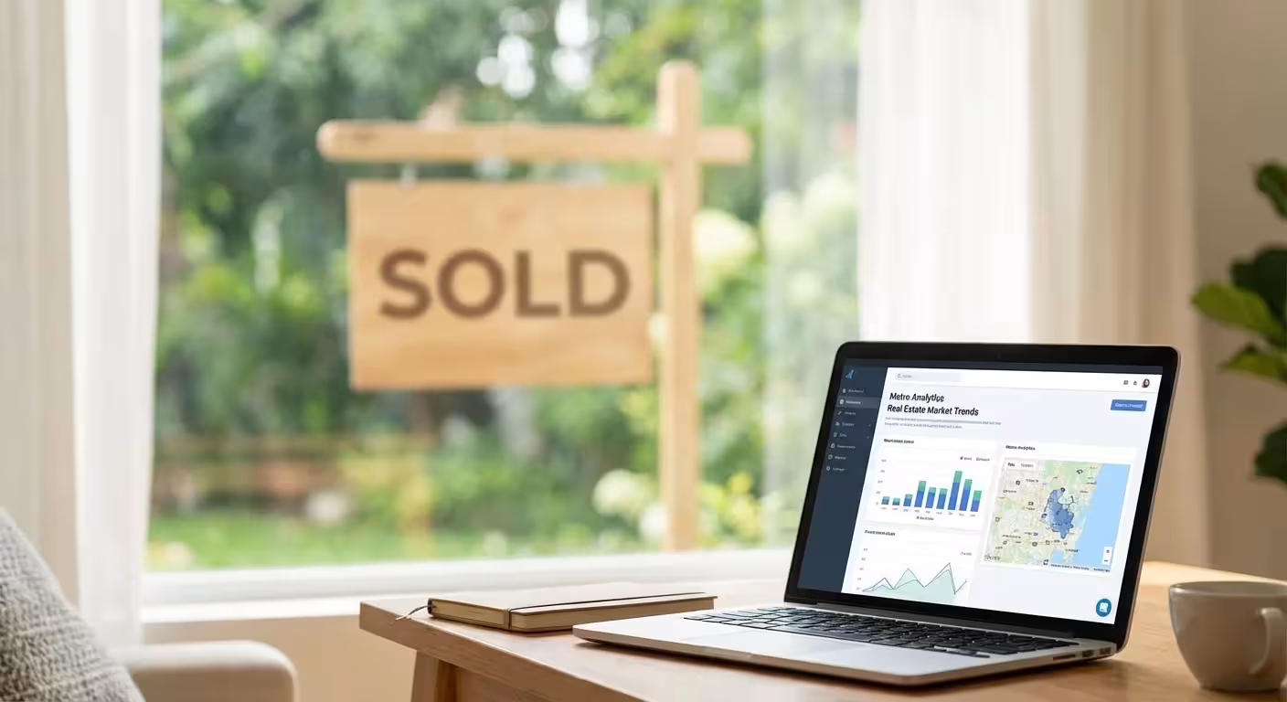 Laptop showing real estate market trends on a desk with a blurred sold sign outside.