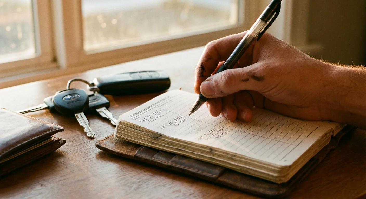 A hand writing vehicle maintenance notes in a logbook next to a wallet and keys.