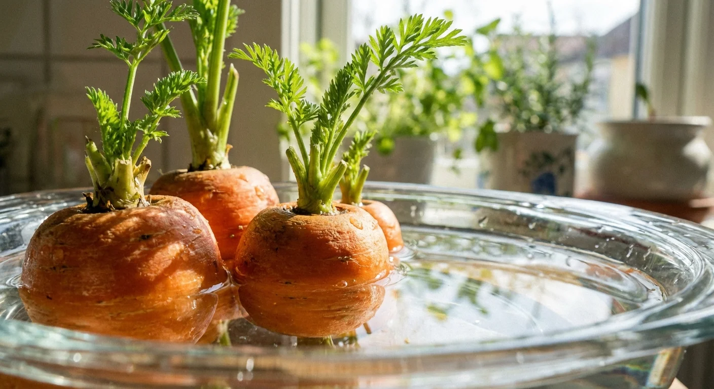 Carrot tops sprouting feathery green leaves in a shallow water dish.