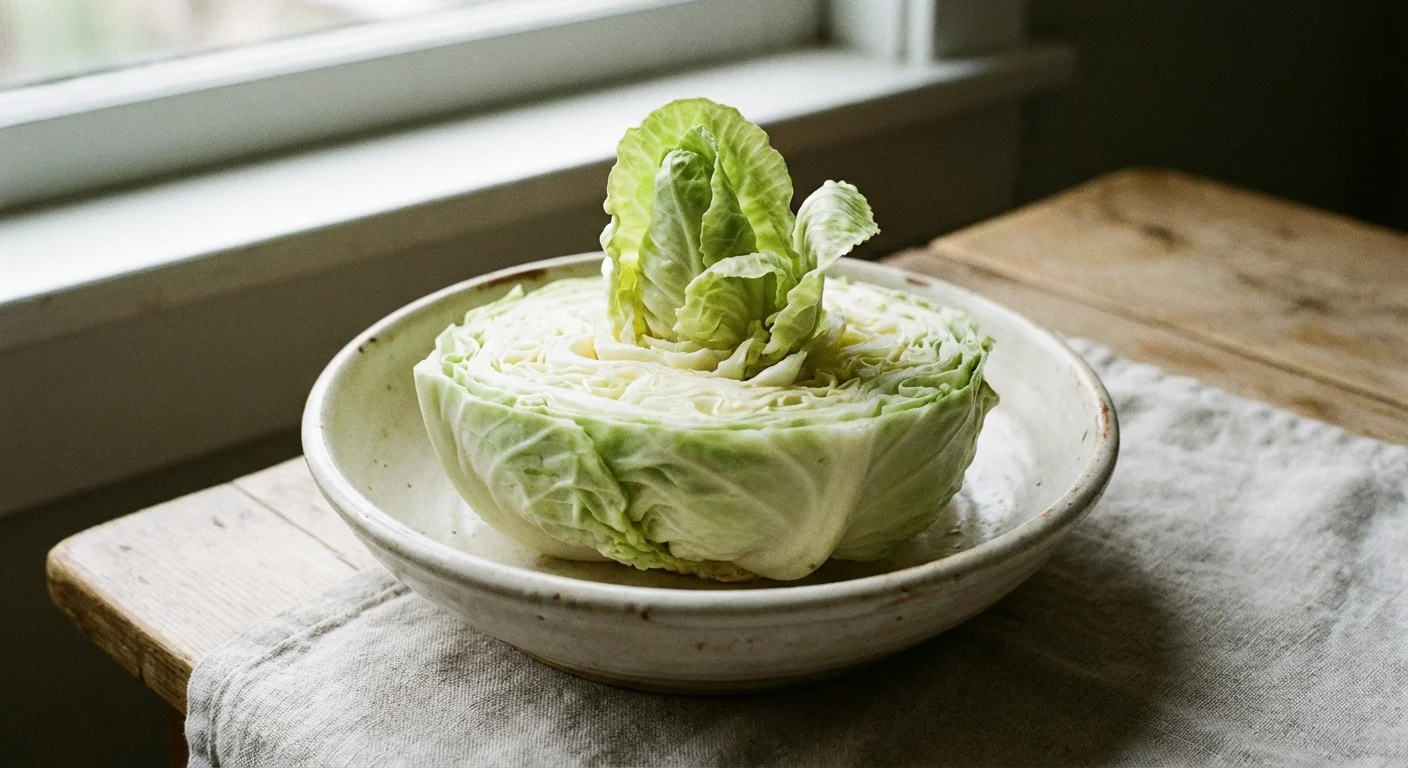 A cabbage core regrowing new leaves in a shallow bowl of water.