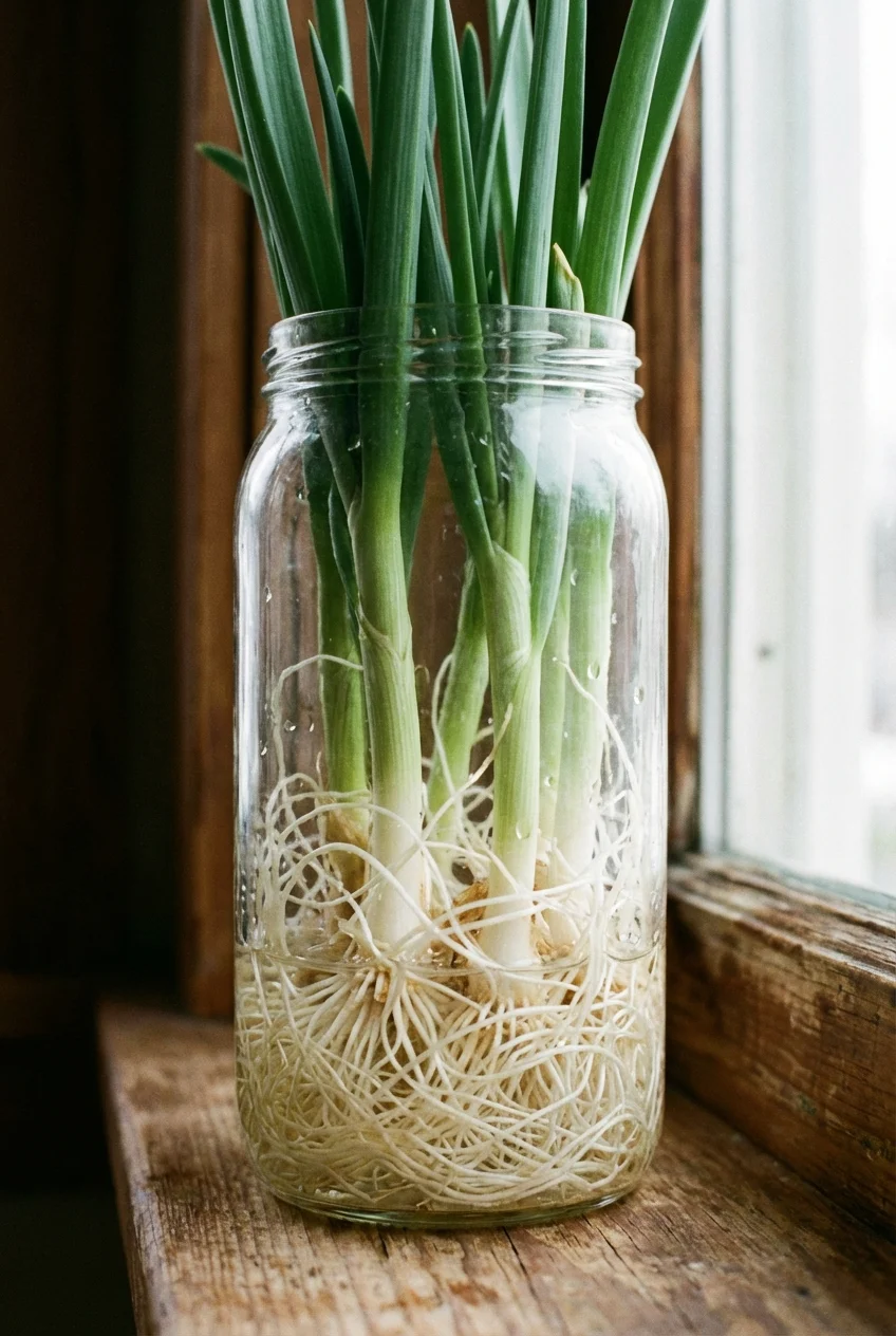Leek bases with long roots regrowing in a tall glass jar.