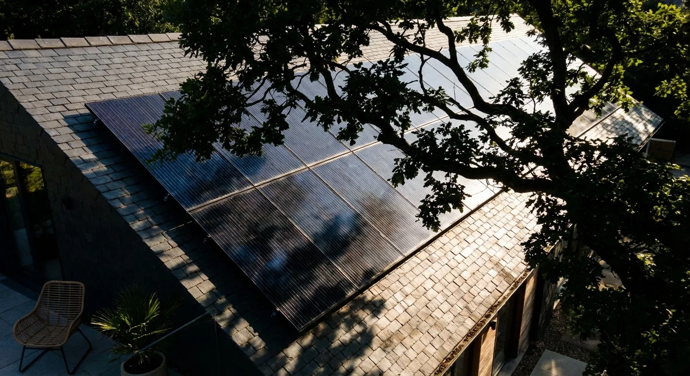 Shadow of a tree falling across solar panels on a house roof.