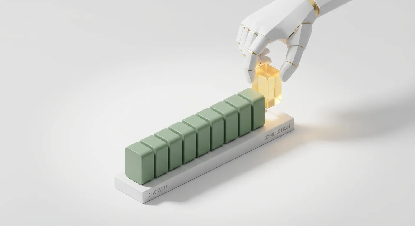3D render of a hand completing a sequence of twelve financial blocks.