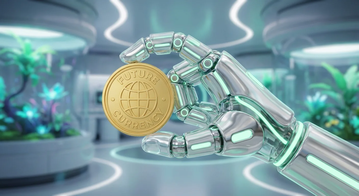 A sleek 3D robotic hand holding a gold coin, representing automated savings tools.