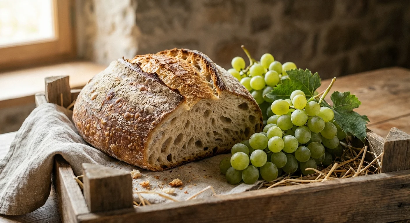 Freshly baked bread and organic grapes in a wooden crate, showcasing quality.