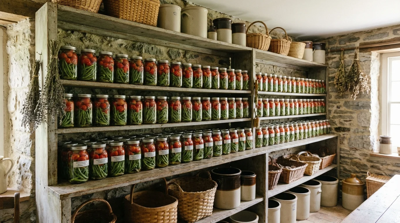 Neatly organized pantry shelves filled with home-canned vegetables.