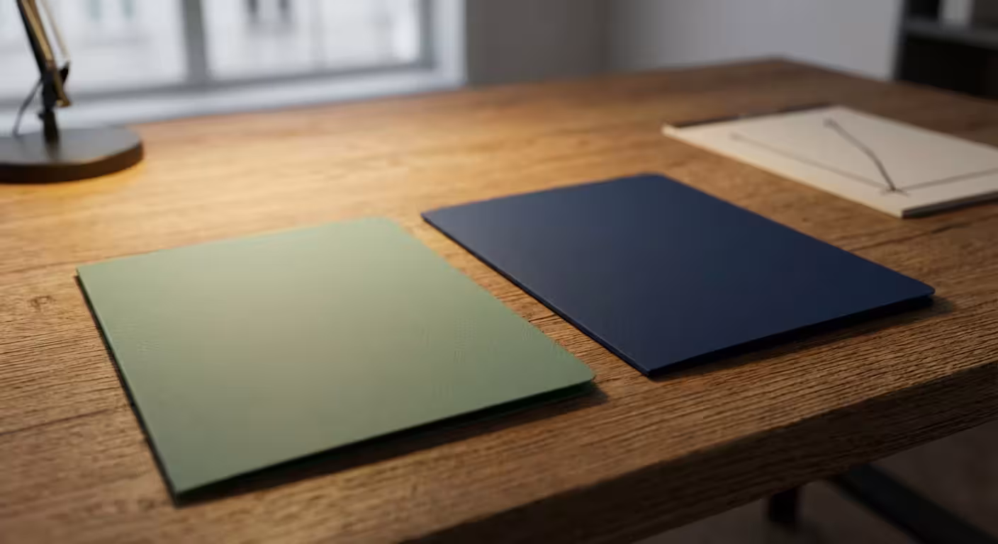 Two professional document folders resting on a wooden desk, symbolizing the choice between a will and a trust.
