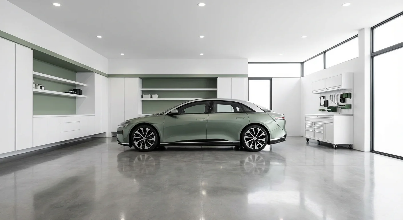 A clean, modern garage showcasing the lack of maintenance mess with an EV.
