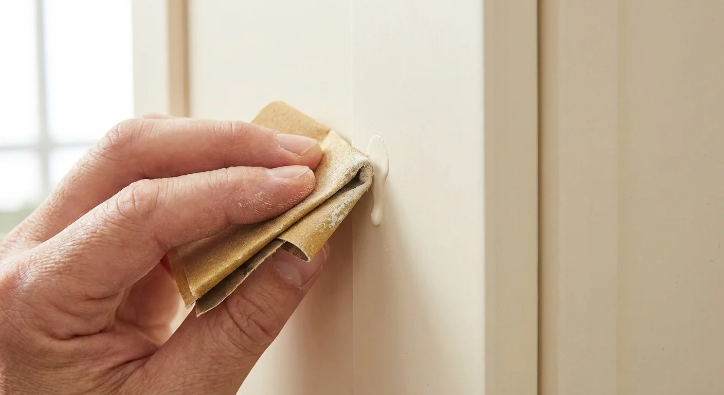 Sandpaper being used to fix a paint drip on a cabinet surface.