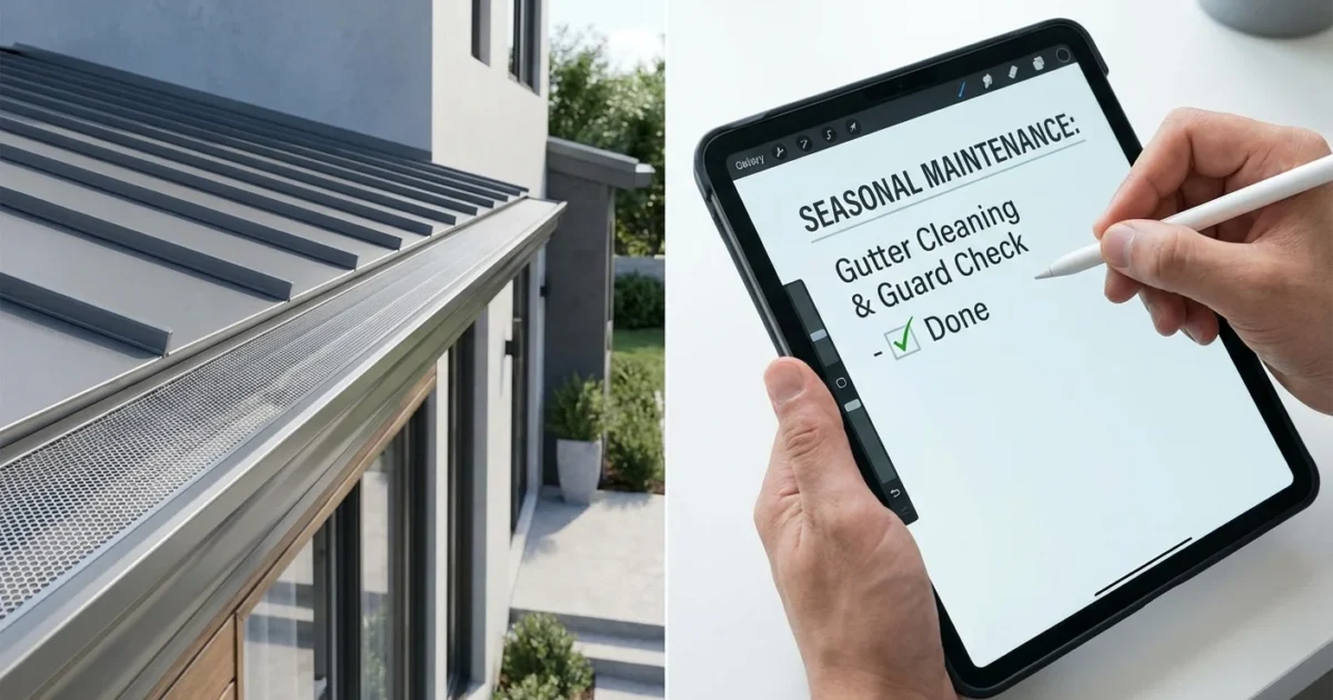 Modern house gutter guard installation next to a person checking off a digital maintenance checklist