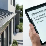 Modern house gutter guard installation next to a person checking off a digital maintenance checklist