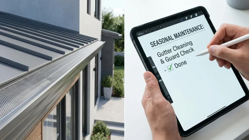 Modern house gutter guard installation next to a person checking off a digital maintenance checklist