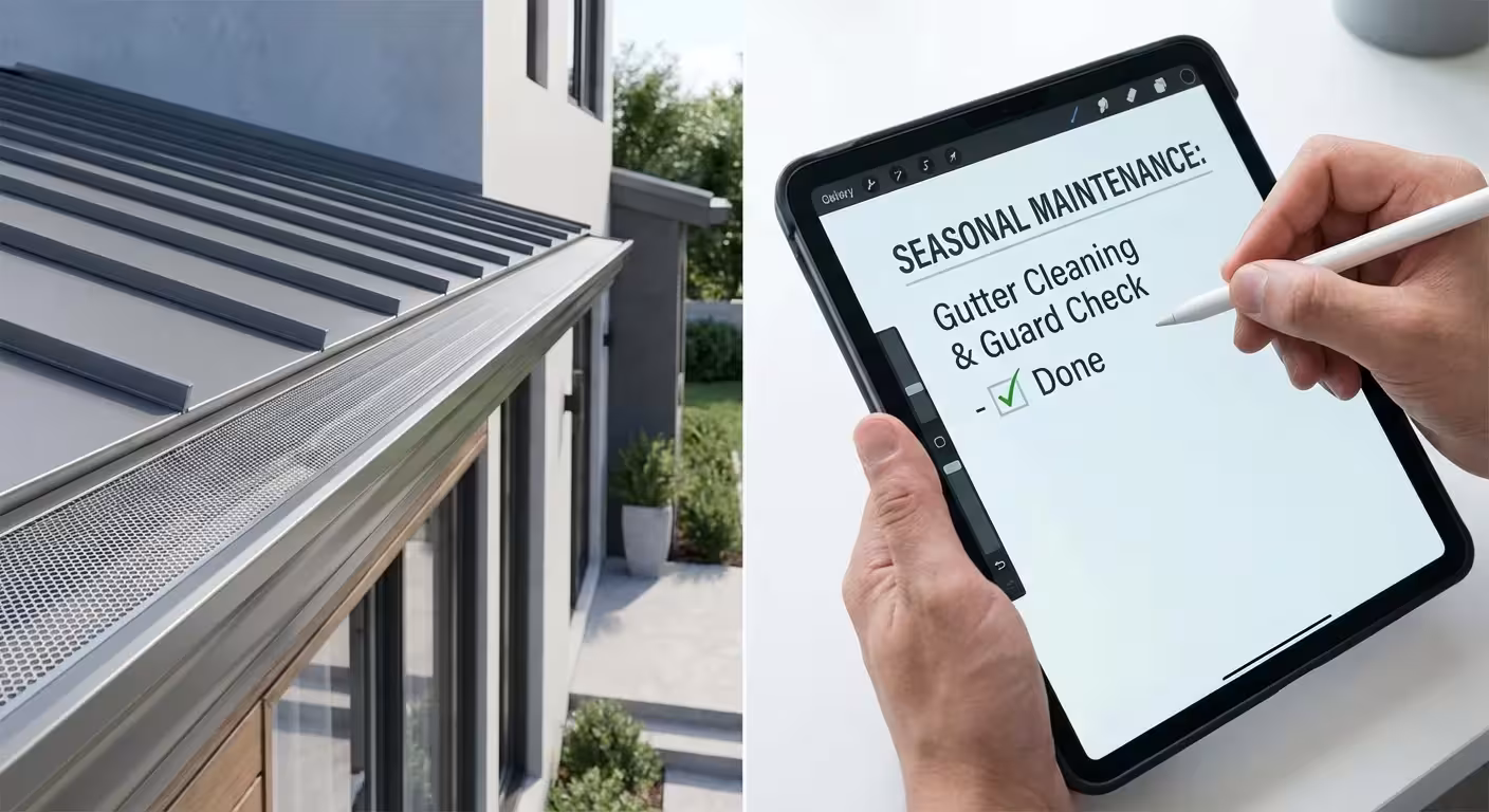Modern house gutter guard installation next to a person checking off a digital maintenance checklist