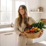 A woman holding a basket of fresh seasonal produce in a bright kitchen.