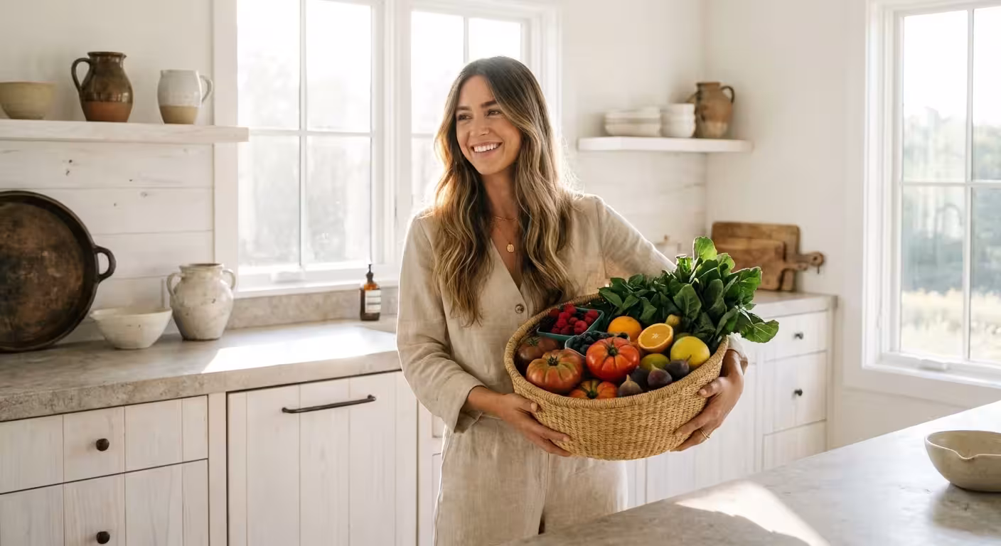 A woman holding a basket of fresh seasonal produce in a bright kitchen.