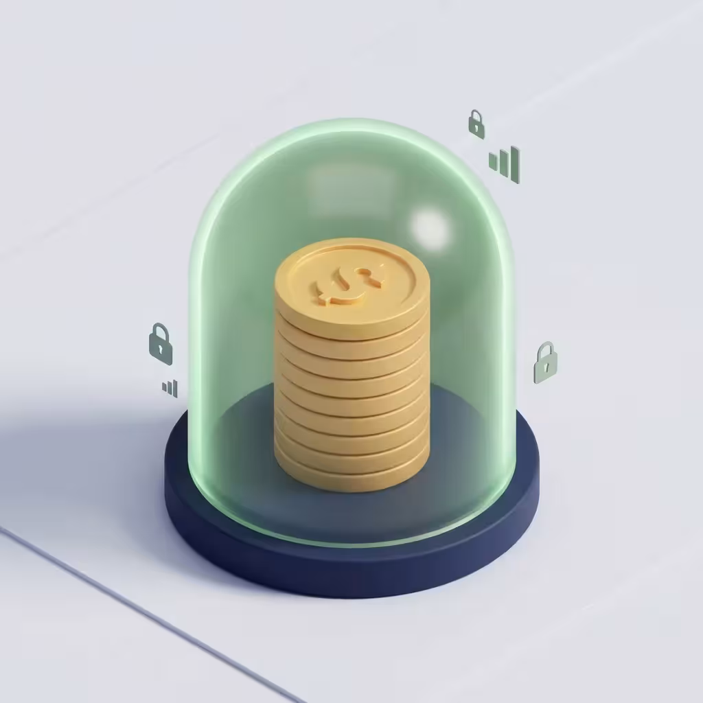 3D render of gold coins protected by a translucent green dome.