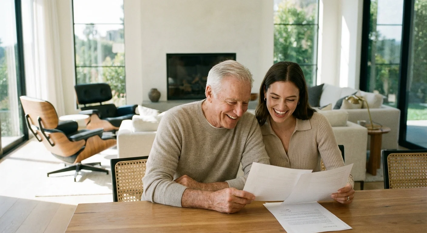 A senior man and a woman reviewing documents together in a bright room.