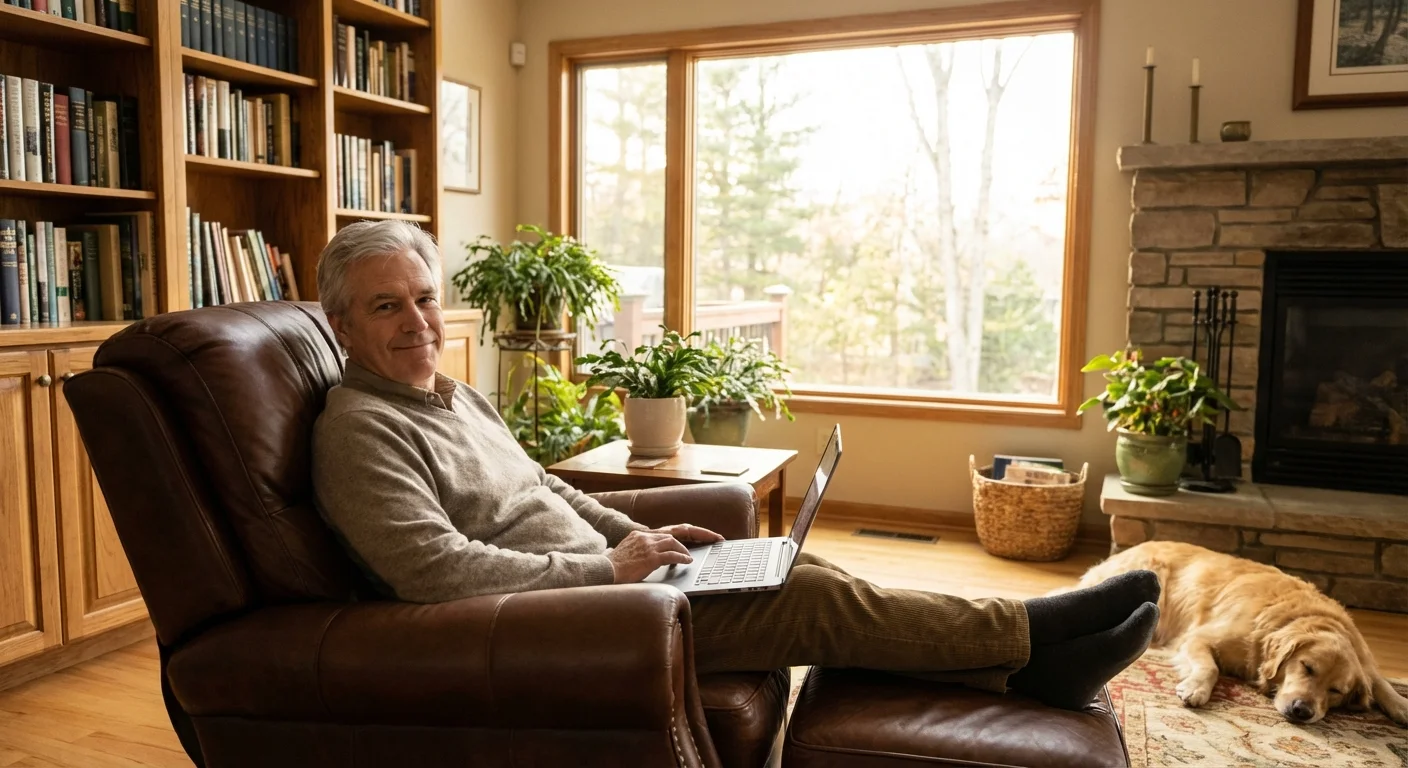 A man looking relaxed and happy while working on his laptop in a bright living room.