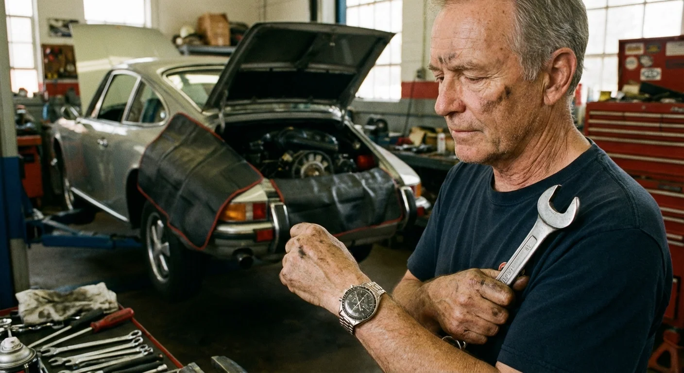 A person checking their watch while working on a car, representing the time-money trade-off.