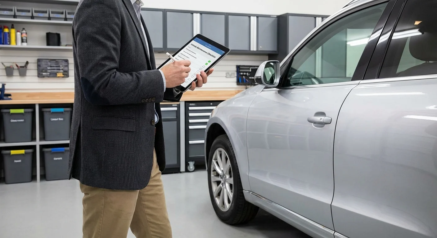 A person using a digital checklist while standing next to their car.