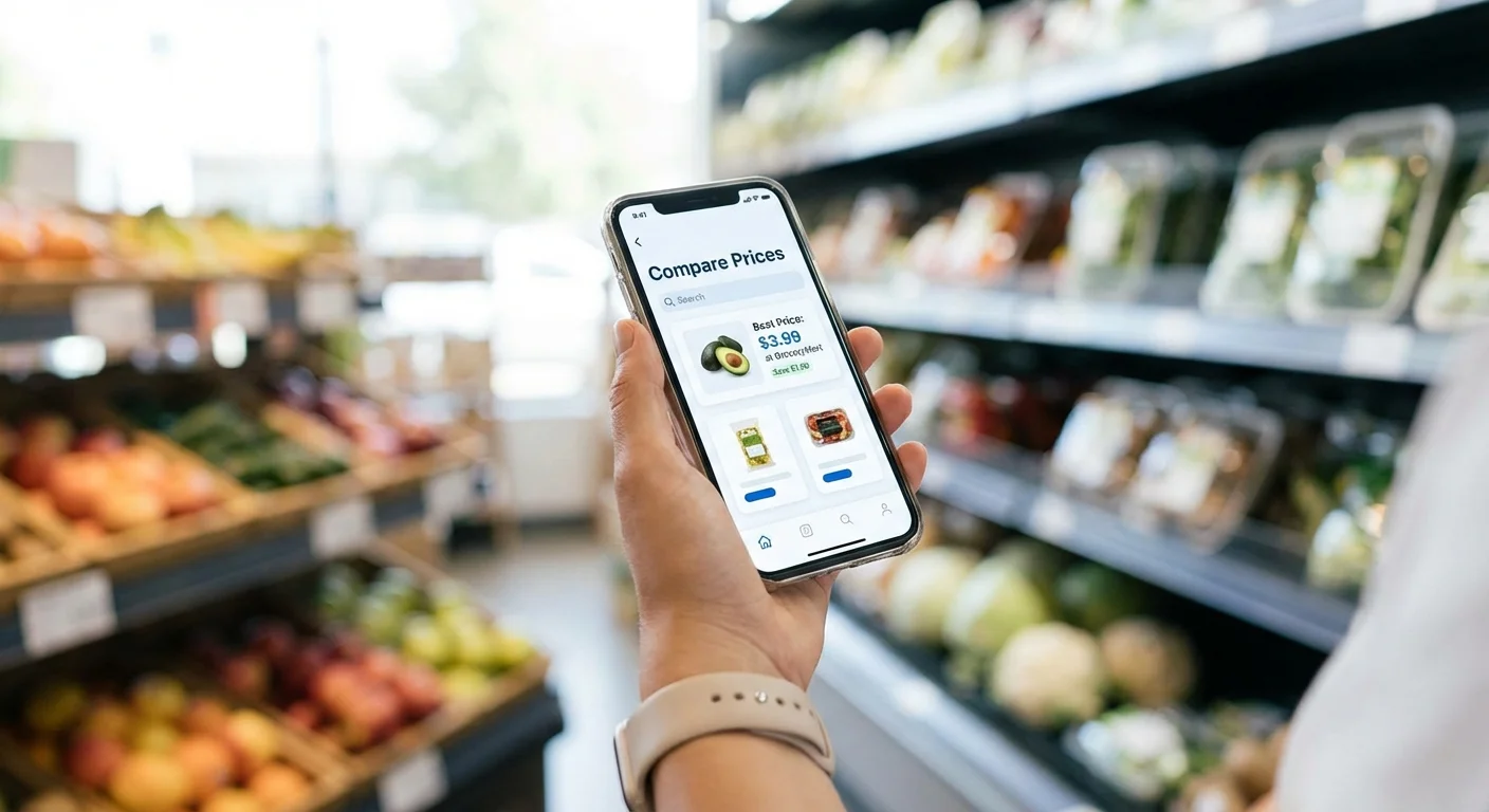 Close-up of a smartphone with a price comparison app in a grocery store.